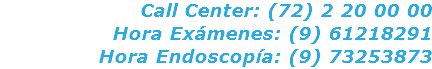 Call Center: (72) 2 20 00 00 Hora Exámenes: (9) 61218291 Hora Endoscopía: (9) 73253873